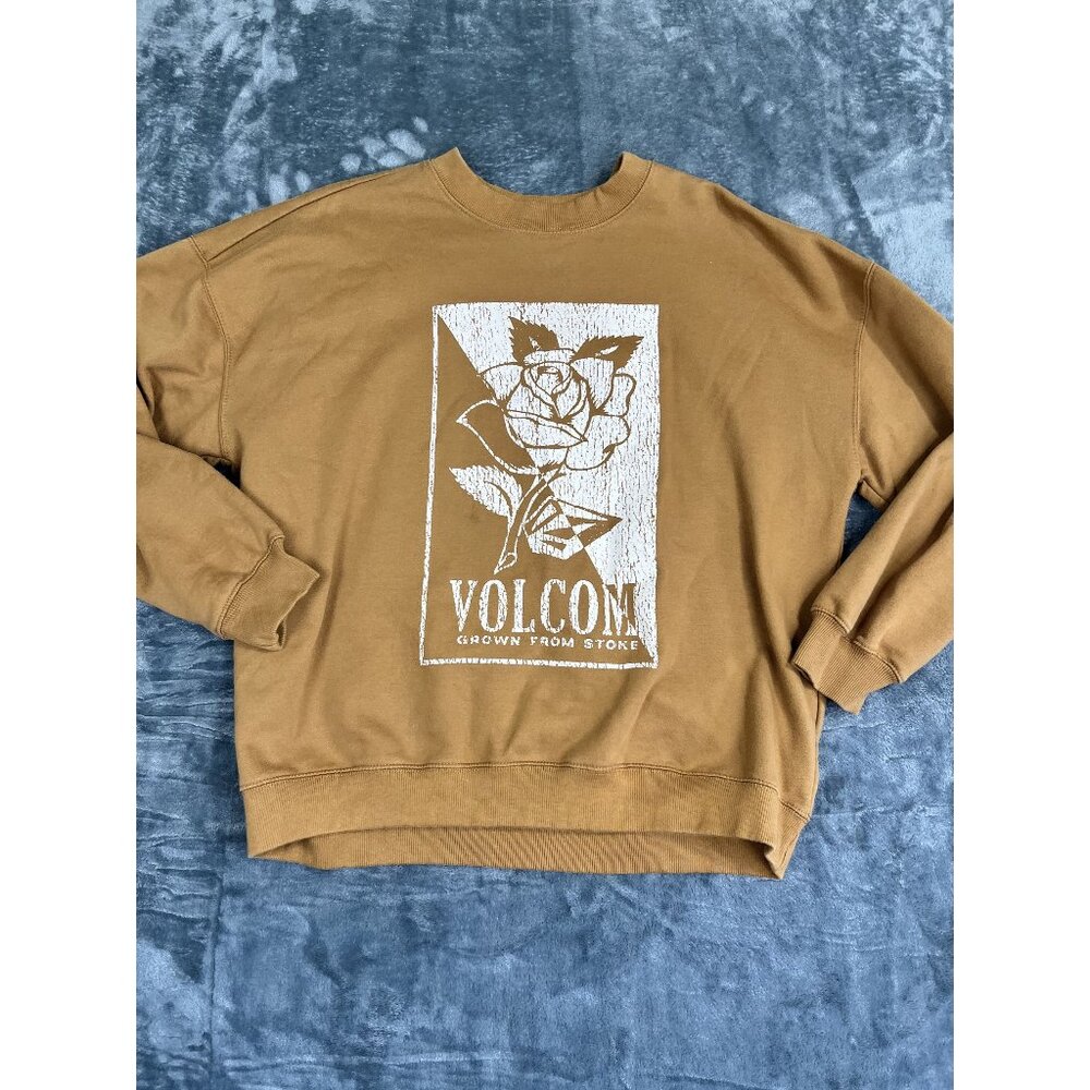 Volcom Mens Mustard Graphic Crewneck Sweatshirt Size Large Rose Print